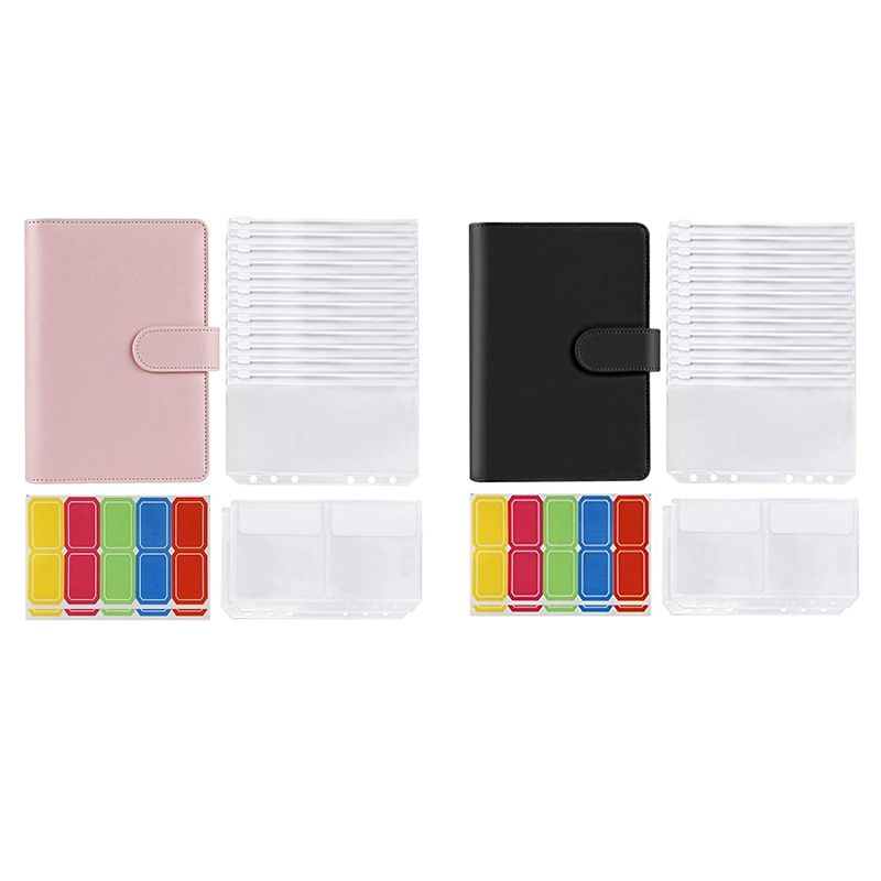 2 Set 14 Binder Bags A6 with Leather Binder Cover, 6 Rings Budget Binder with Cash Envelope, Pink & Black
