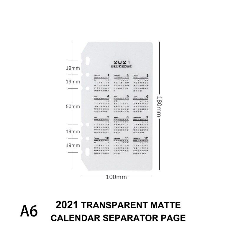 2021 calendar A5 A6 Notebook Journal PVC Filler Spiral Planner Index Divider insert Refill 6 holes Loose Leaf Agenda Stationery