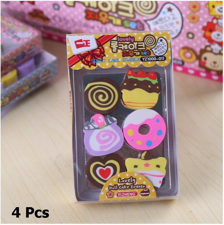 4 Pcs Creative Cartoon Cake Rubber Eraser
