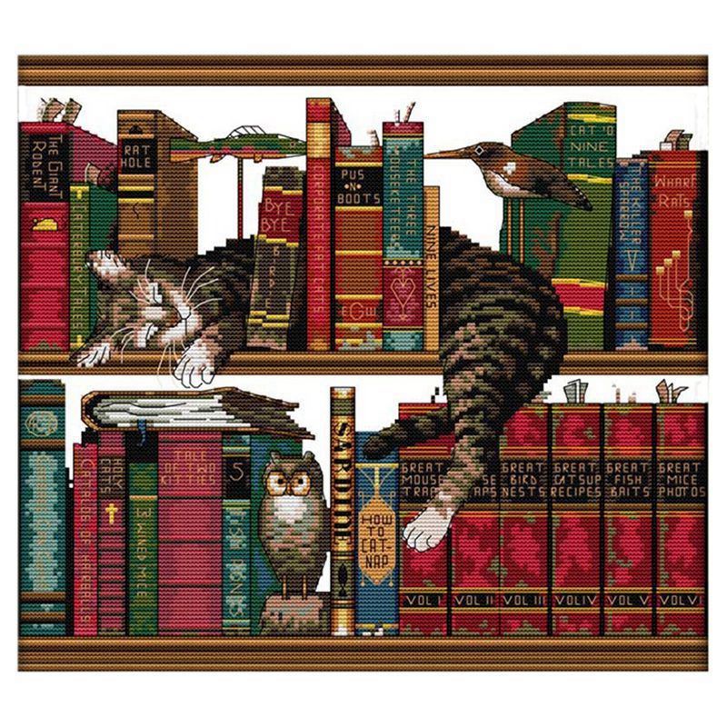 DIY Handmade Needlework Counted Cross Stitch Set Embroidery Kit 14CT Cat on Bookshelf Pattern Cross-Stitching 40 * 36cm Home Decoration