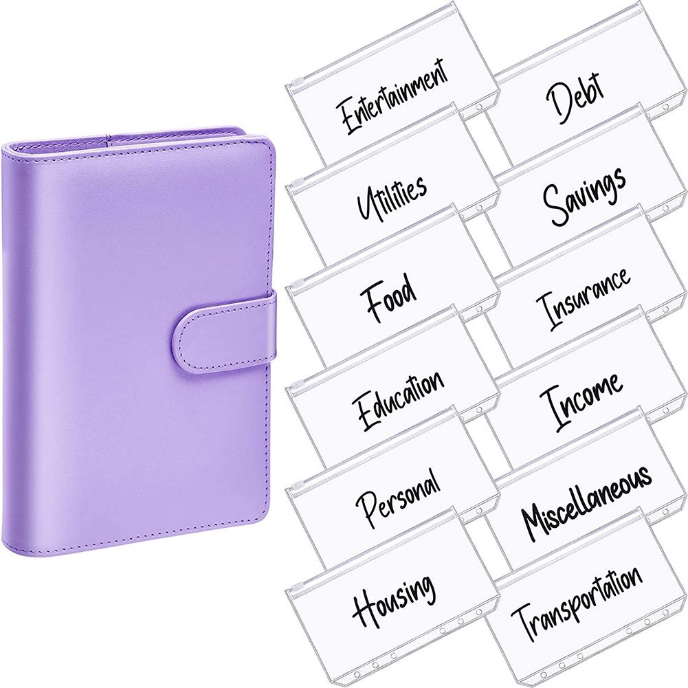 A6 PU Leather Notebook Magnetic Personal Planning Binder with 12 Binder Pockets Binder Zipper Folder for Bill Planning D