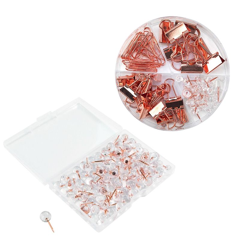 NANLIY- Fashion Binder Clips Paper Clips Push Pins Sets with Box with 100Pcs Rose Gold Push Pins ThumbTacks