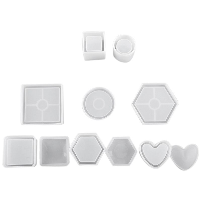 8Pcs Silicone Resin Mold Pen Holder Storage Box Coaster Casting Resin Molds Round Square Hexagon Heart Shaped