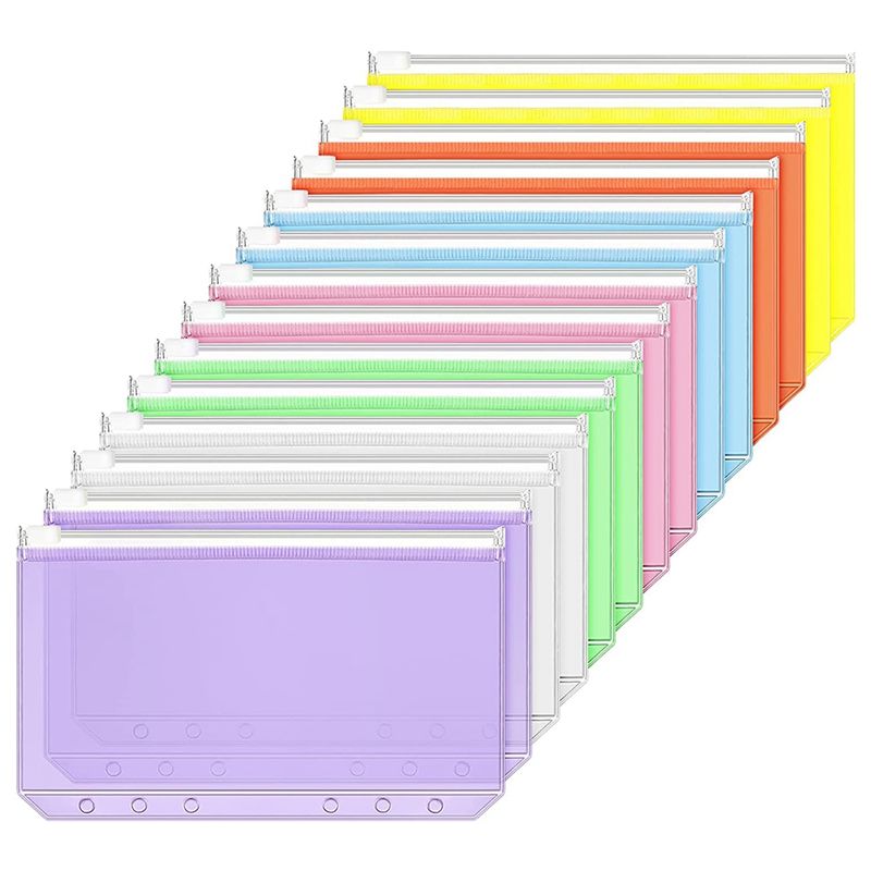 JAERBEE 14 Pieces Binder Pockets A6 Size 6 Holes Binder Zipper Folders Waterproof PVC Loose Leaf Bags for 6-Ring Binder Notebook