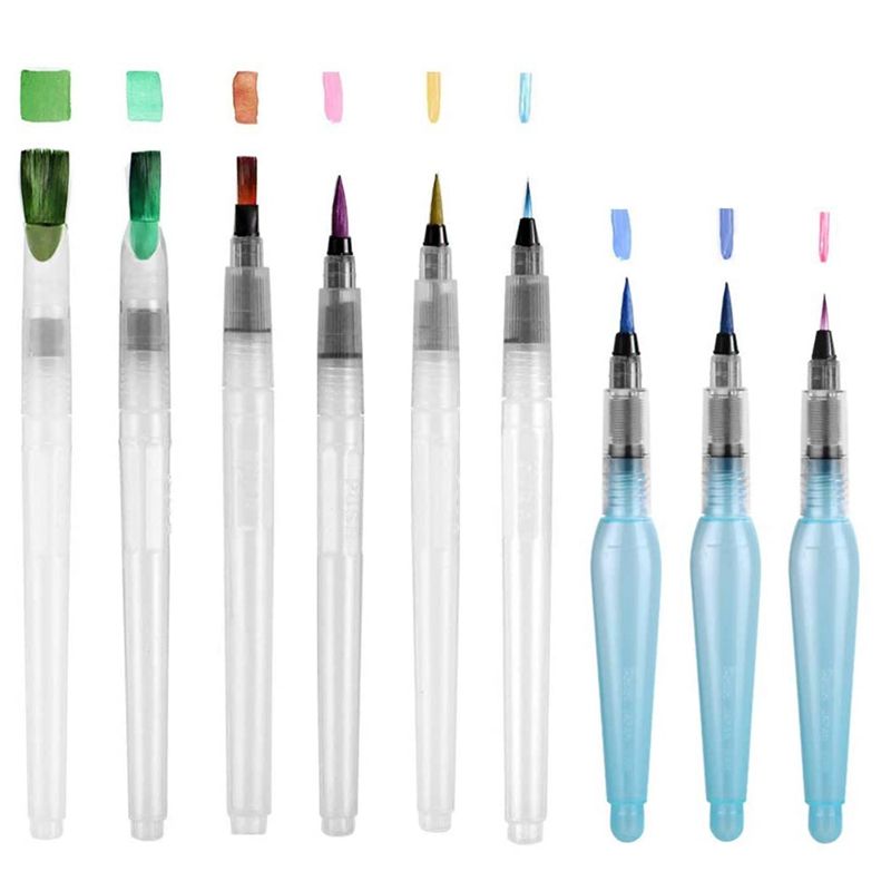 Water Brush Pen Set,9 PCS Water Tank Brush,Water Brush Pen with Water Tank,Watercolor Water Pens for Watercolor Painting