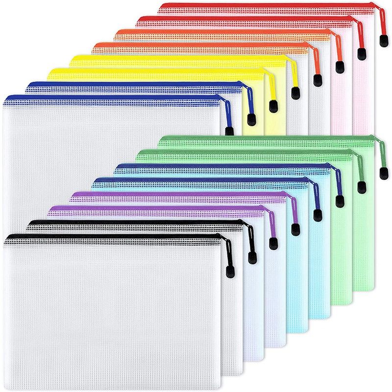 BRADOO-16Pcs Mesh Zipper Pouch Document Bag,Waterproof Zip File Folders,A4 Size, for School Office Supplies,Travel Storage Bags