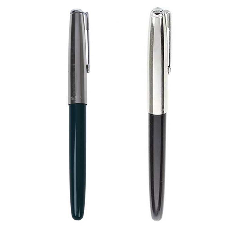2PCS 616 Fountain Pen Hooded Silver Nib Barrel Small Vintage, Green & Black