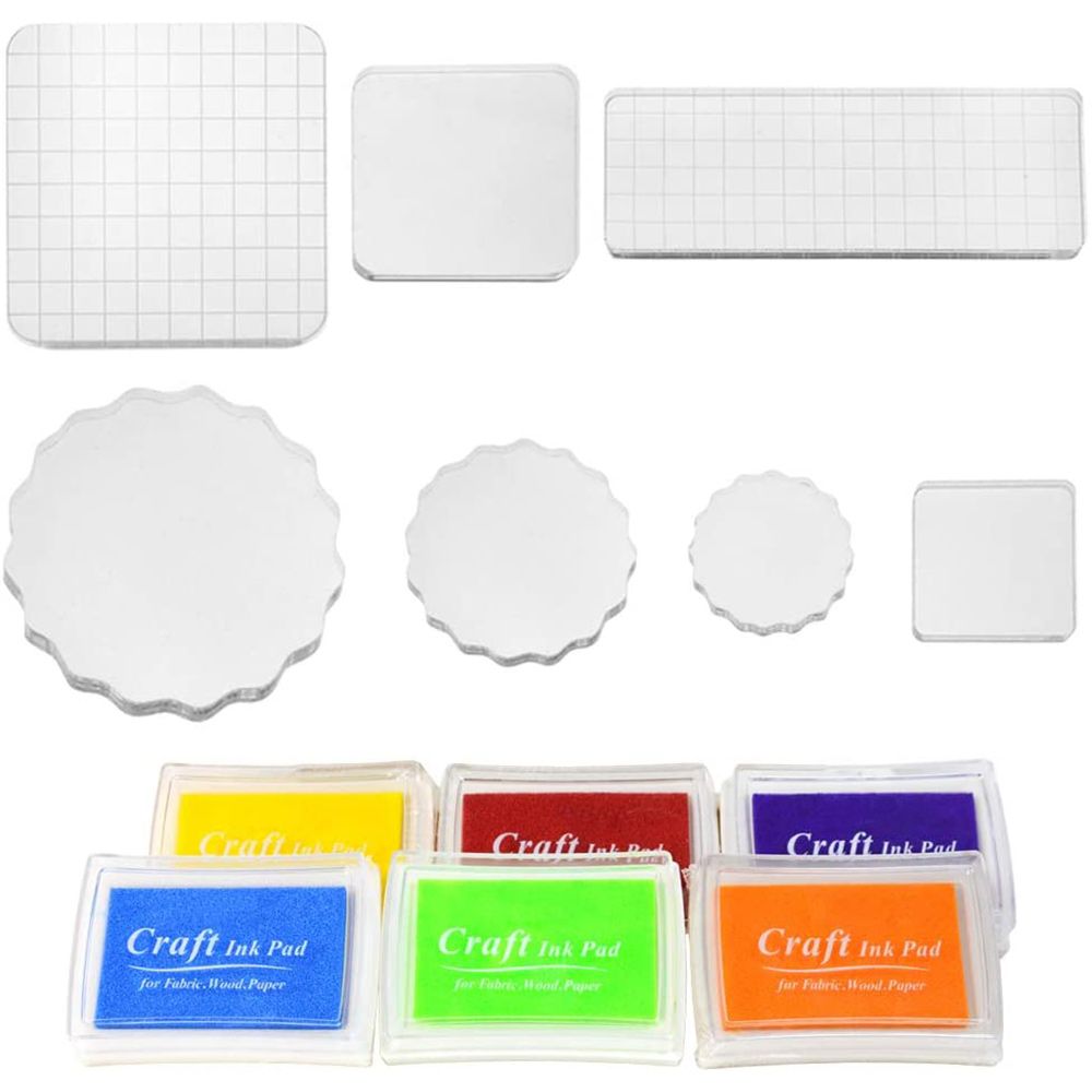 13 Pcs Acrylic Stamp Blocks Tools Set, Including Clear Stamping Blocks with Grid Lines and Washable Craft Ink Pad Stamps