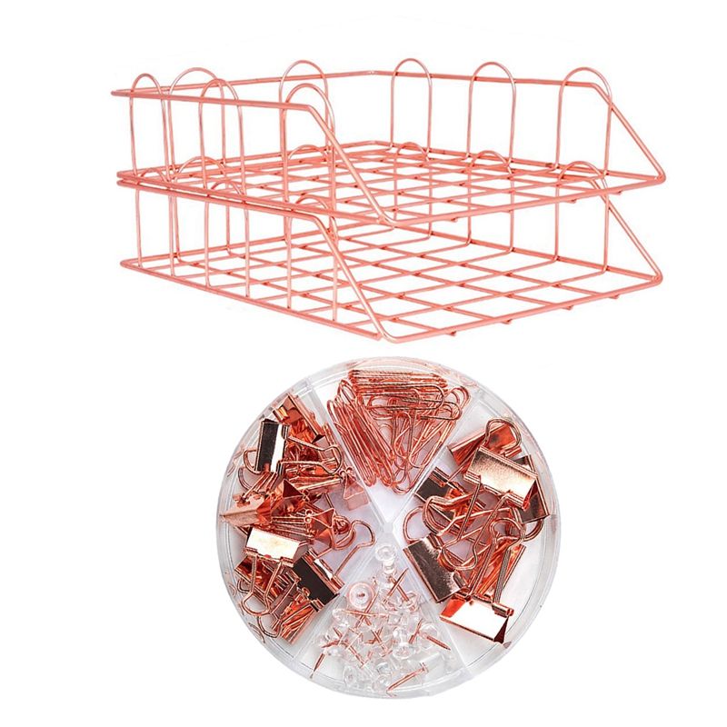 2Pcs Metal Stackable File Document Letter Tray & 1 Set Binder Clips Paper Clips Push Pins Sets with Box