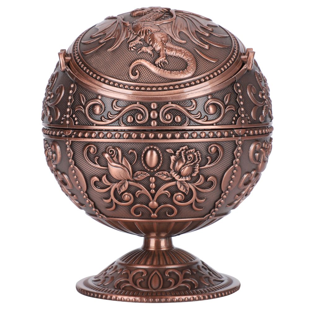 Dragon Pattern Ashtray Vintage with Lid Tellurion Shape Zinc Alloy Windproof Home Decor Craft