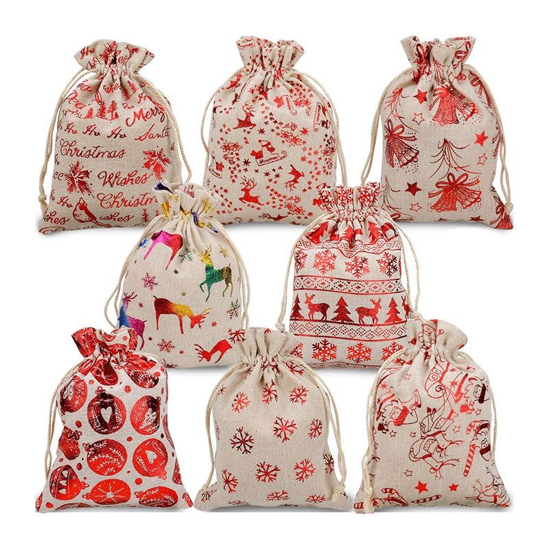 16Pcs Christmas Drawstring Gift Bags Burlap, Gift Pouch y Bags for Candy Wrapper Gift Christmas Party Favor Supplies - as picture shows