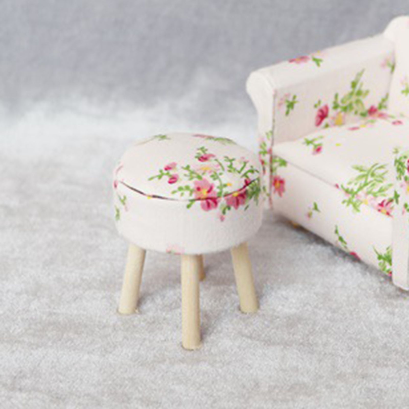 HelloWorld niature Chair Floral Pattern Dollhouse Round Floral Stool