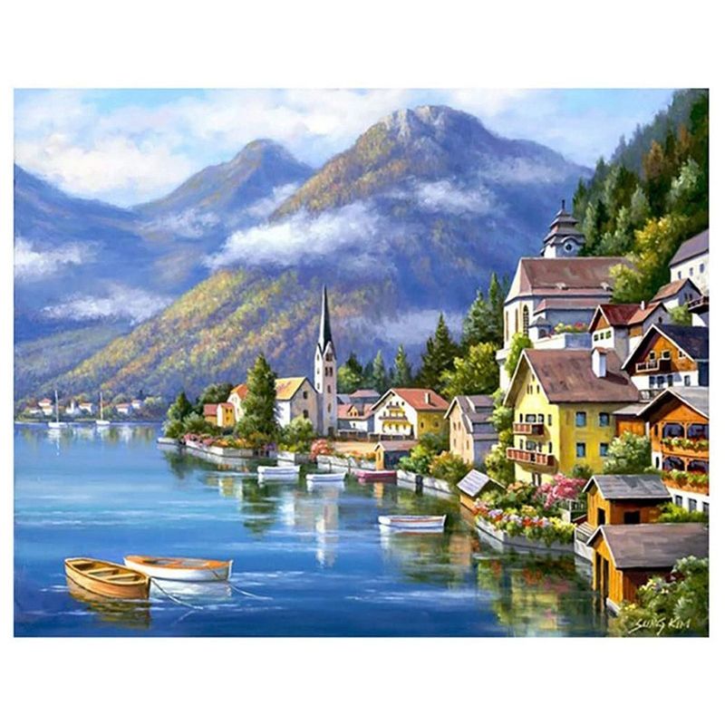 Round Diamond Full Diamond Diamond Painting Set Living Room Dining Room Decoration Mural Seaside Town