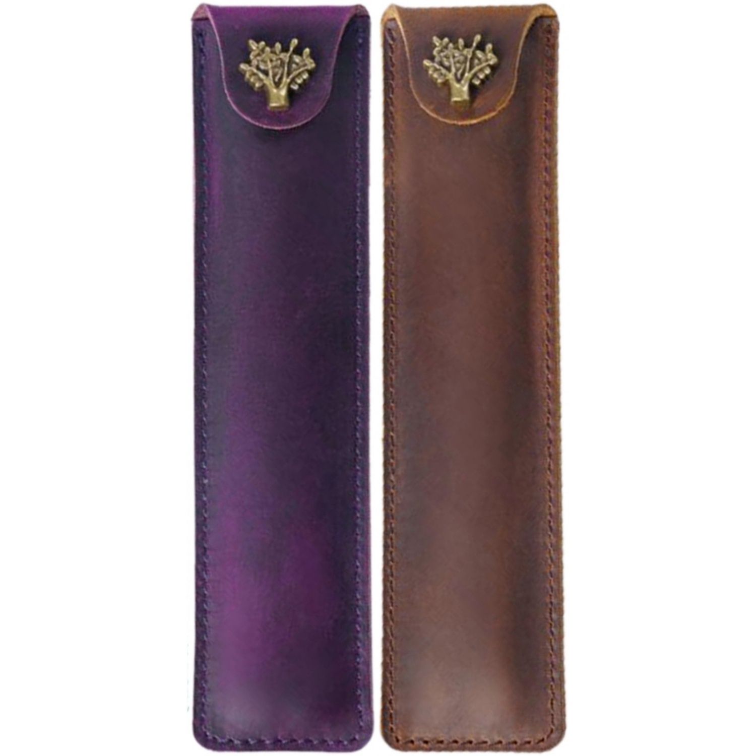 2Pcs Pen Pouch Holder Single Pencil Bag Pen Case with Snap Button for Rollerball Fountain Ballpoint Pen, Purple & Brown