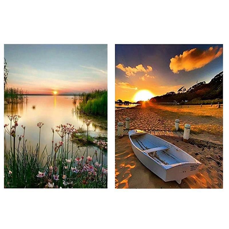 Paint with Diamond Embroidery "Lake Sunrise Flower Boat" Diamond Painting Full Square Round Picture of Rhinestone Decor