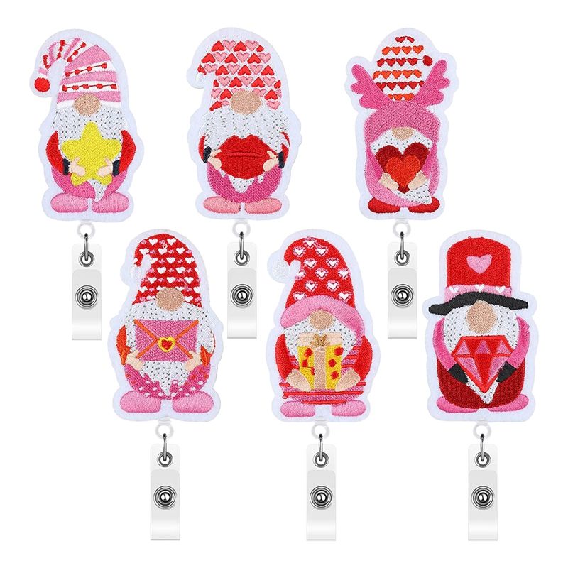 NAMUNY 6 Pcs Valentines Day Badge Reels Retractable Nurse Badge Reel Gnome Valentine's Day Gift Badge Holders for Her