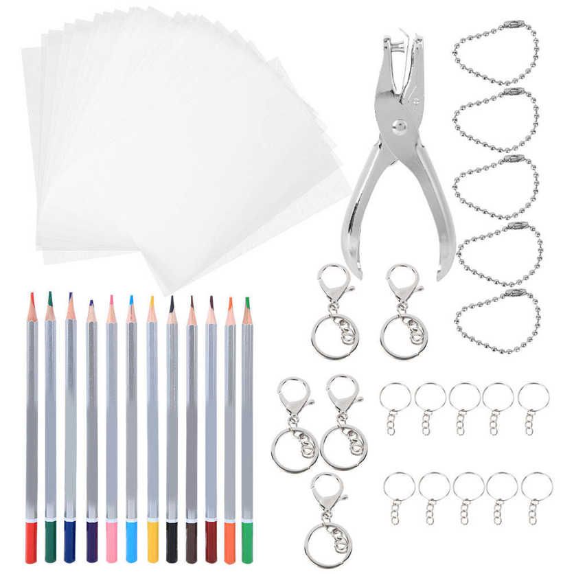 DIY Hand-Shrink Material Heat Shrinkable Film Set 12-Colors Pencils Hole Puncher Keychain Brooches