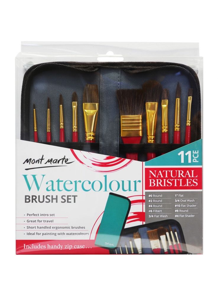 Mont Marte Mixed Bristle Brush Set Wallet 11pce - Watercolour