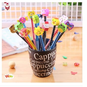 Colorfull Wooden Pencil With Cartoon Eraser- 5Pcs
