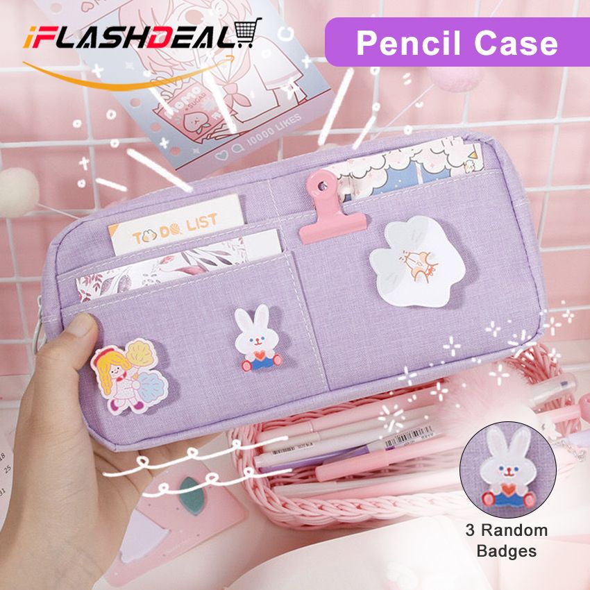 Pencil Case Box Pen Pouch Stationery Bags Pen Case Box with 3 Badges Big Capacity Holder for School Students Children