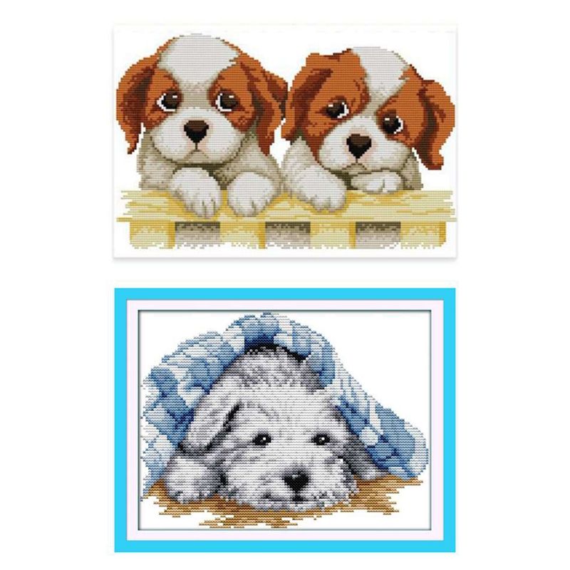 BRADOO- 2 Set DIY Hand Knitting Print Cross Stitch Set Embroidery Set Puppy Patterns Home Decoration, 11CT 46 x 32Cm & 14CT 27X20Cm