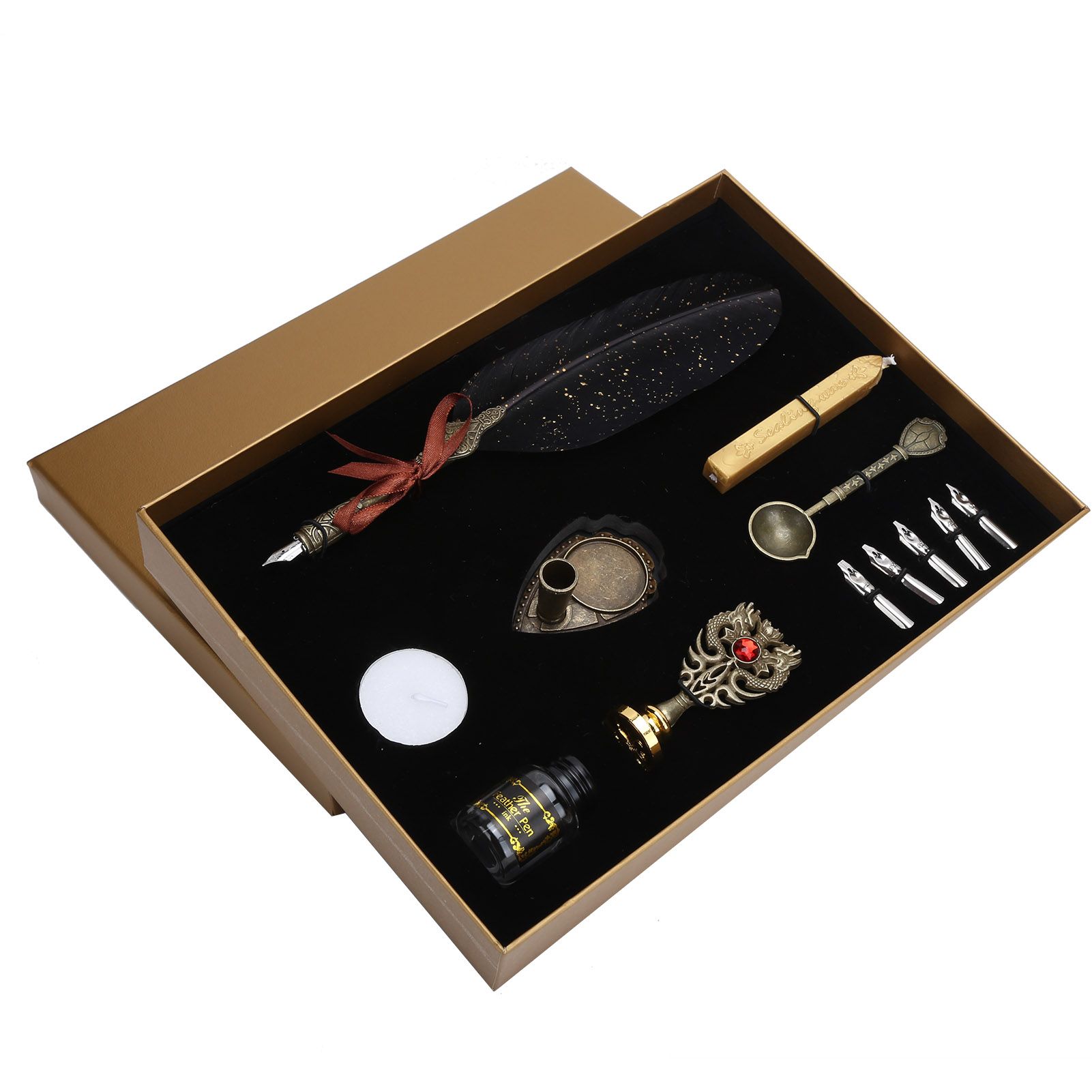 Feather Writing Ink Intricately Carved Quill Dip Pen Set High-Quality Materials Compact Structure for Home