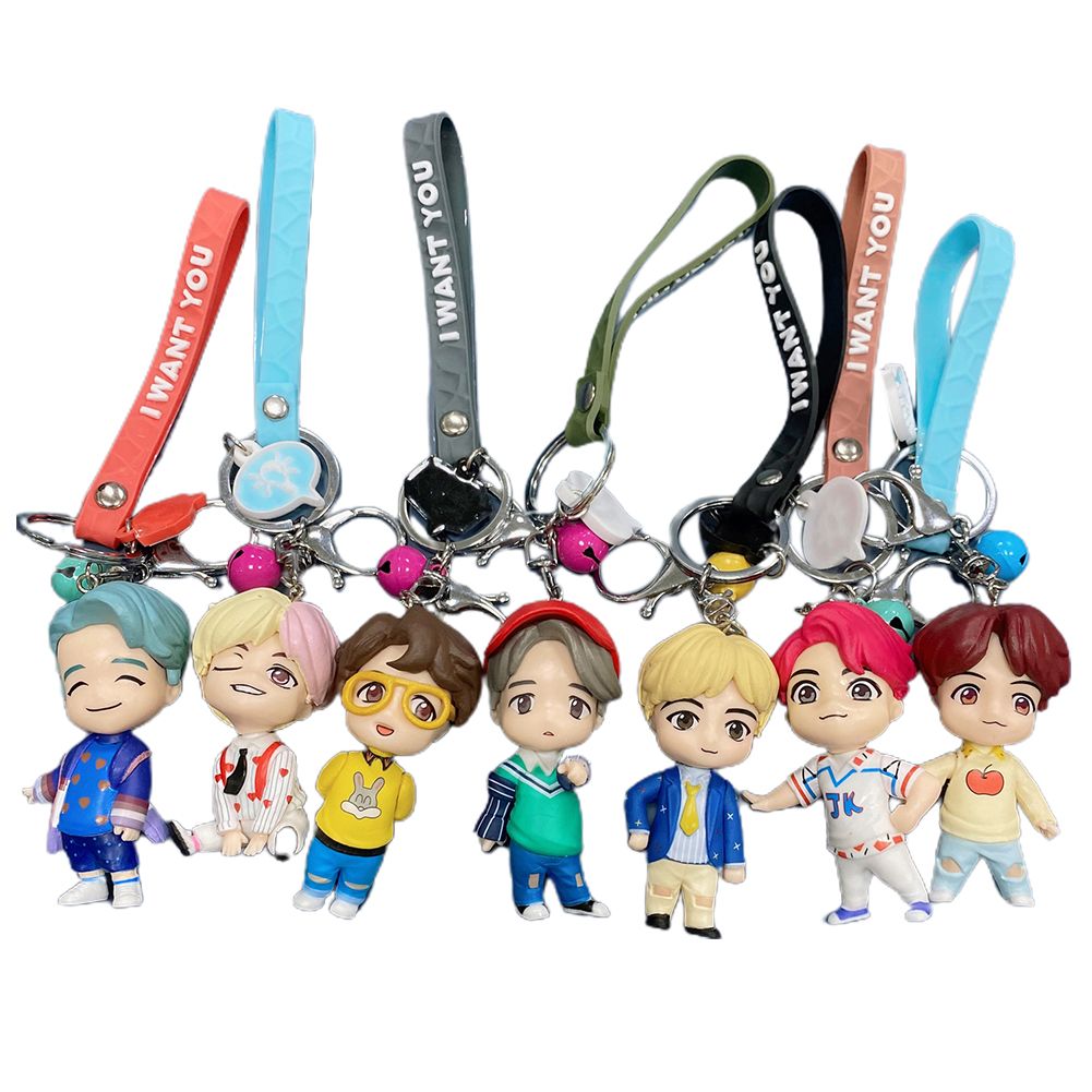 Ehousehold 7Pcs BTS Cartoon Key Holder Doll Catching Machine Keychain Pendant Toys Decor