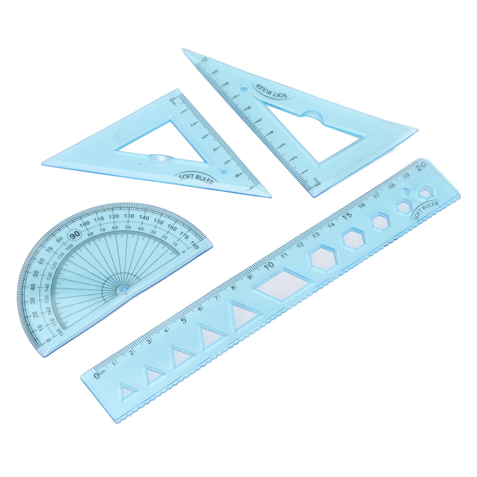 Limeng La Ruler Kit Four‑Piece Soft Plastic Transparent Blue Angle Length Measuring Tools with Wavy Line for Kids Students