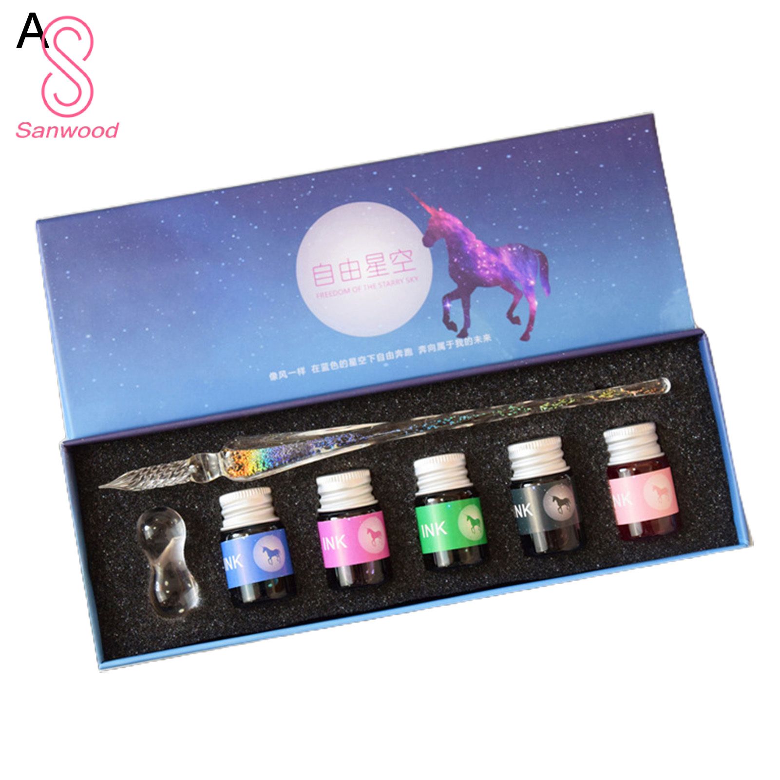 1Set Signature Pen Various Colored Ink Clear Handwriting Glass Crystal Dip Ink Pen for Sketching