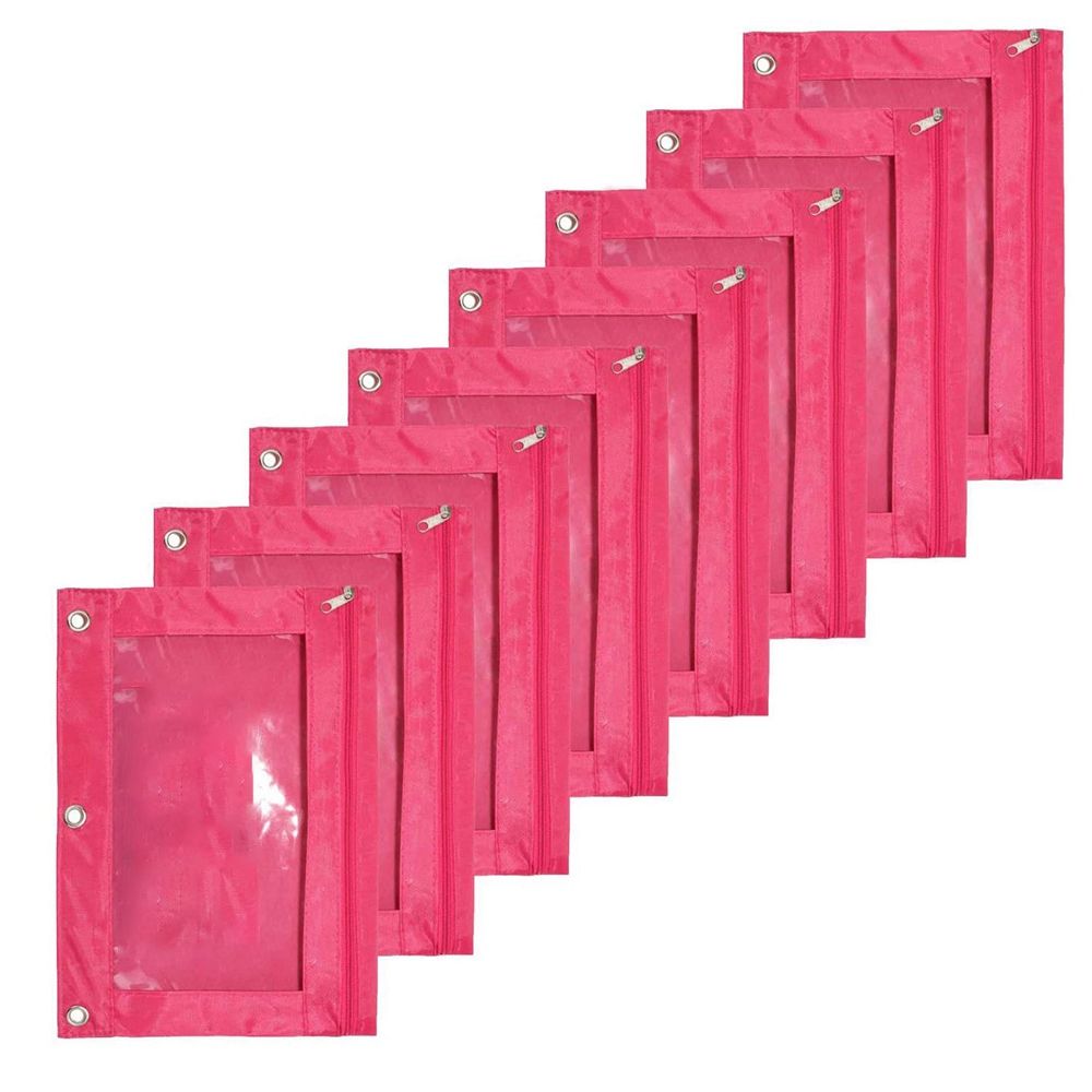8 Pack 3 Ring Zipper Pencil Pouch Fabric Pencil Case Sturdy and Durable Binder Pouch with Clear Window Rose Red