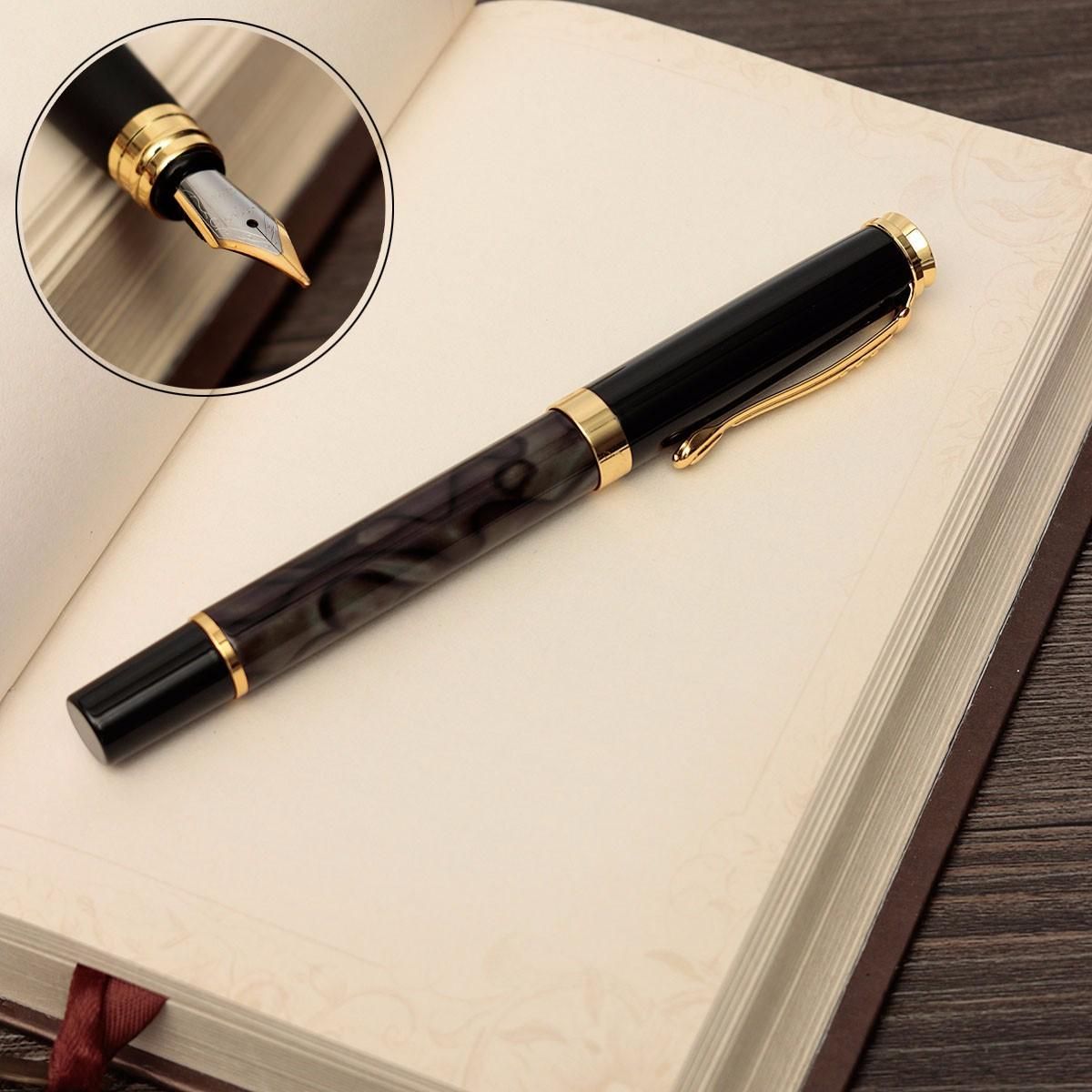 OIMG Jinhao 500 Marbled Black Gold Medium Nib Fountain Pen Writing Golden Clip Trim
