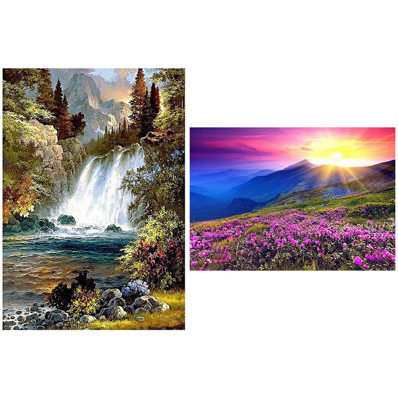 2 Set Diy Diamond Painting Rhinestones Diamond Kits - Nature Waterfall Pattern & Sunrise and Purple Flower Pattern