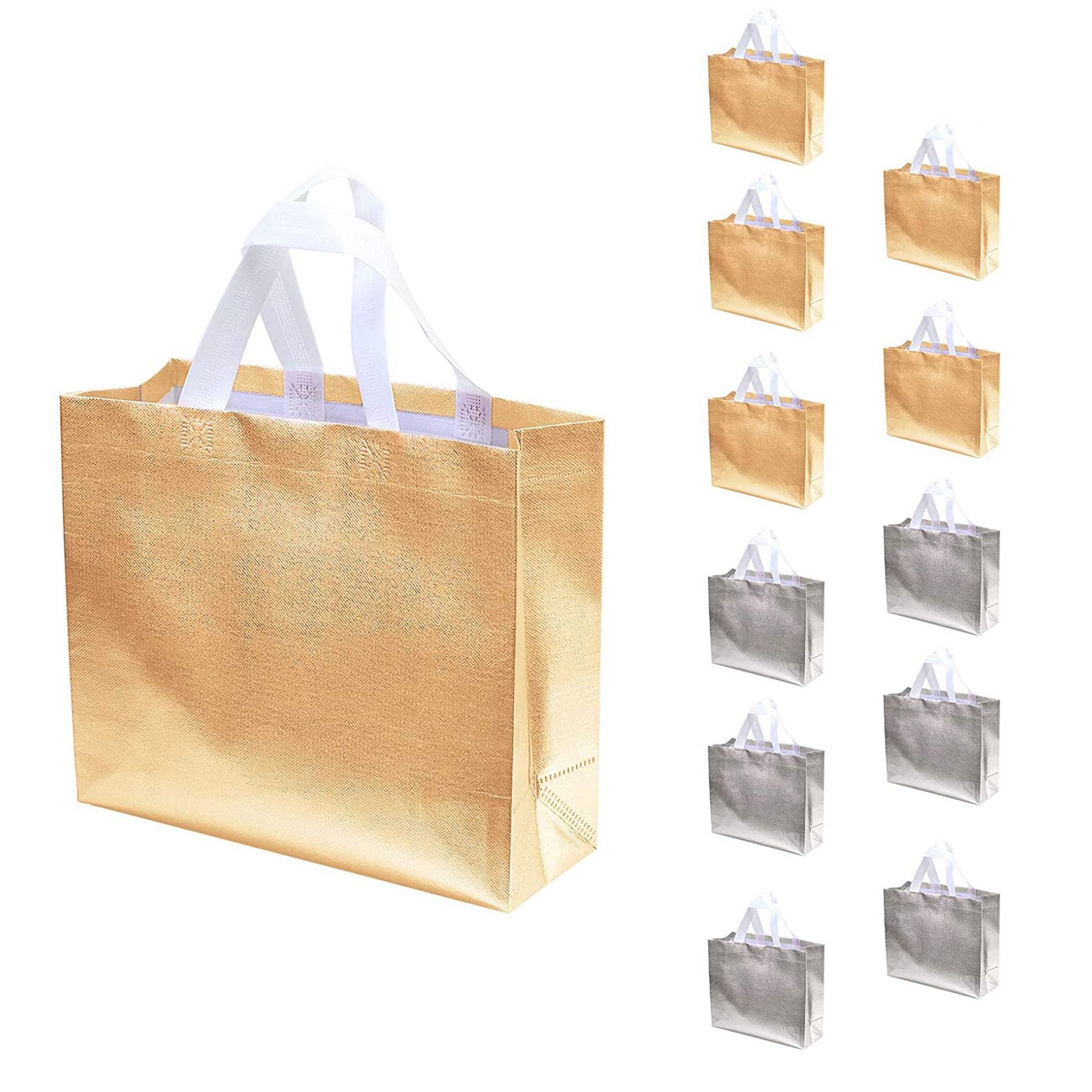 12 Pcs Gift Bags Christmas Shopping Tote Bag Present Bags Glossy Reusable Gift Bags for Party Wedding (Silver+Gold)