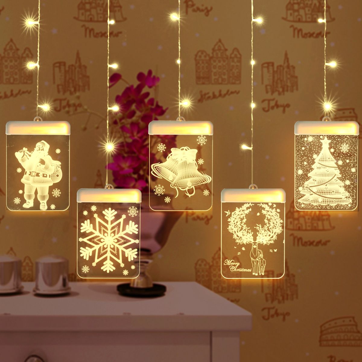Christmas Party LED Curtain String Lights Decoration 3D Visual Effect USB Powered for Home Room Indoor Bedroom Window Decor, 4.9ft * 2.3ft