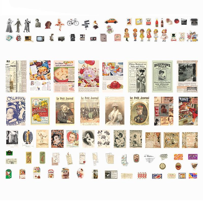 JAERBEE Vintage Scrapbook Sticker Paper Pack (200 Pcs) for Art Journaling Junk Journal Supplies DIY Craft Kits (Old Time)