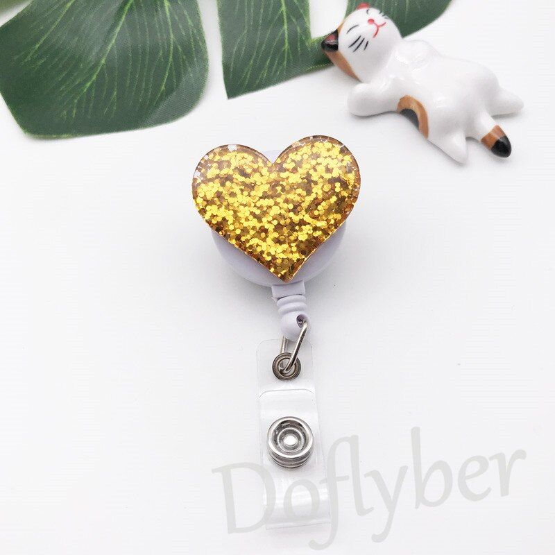 1Pcs Cute Glitter Heart Telescopic Badge Reel Alligator Clip Bus Card Student Nurse ID Name Card Badge Holder Office Supplies