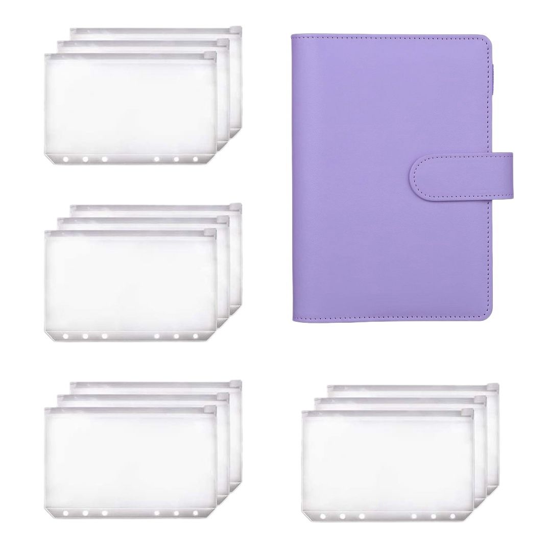 A6 Binder Planner Purple Notebook Binder and 12 Pieces 6 Hole Binder Zipper Folder,Binder Pockets Cash Envelope Wallet