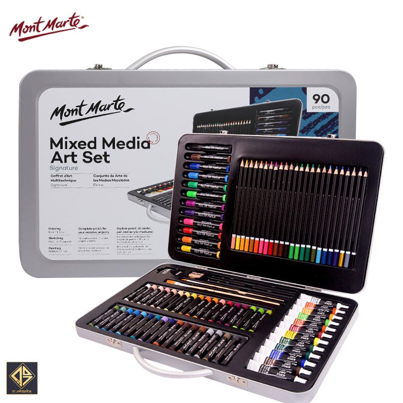 Mont Marte 90-Piece Premium Art Set, Wood Art Supplies for Painting and Drawing, Essentials Art Kit in Portable Aluminium Case, Includes Acrylic Paint, Oil Pastels, Color Pencils, Art Brushes