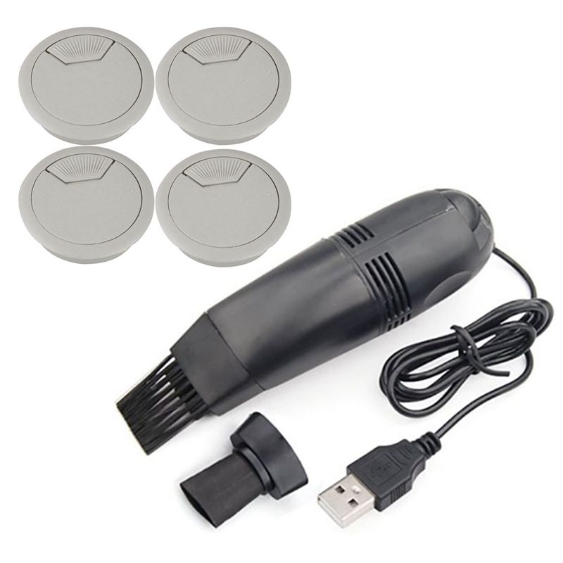 4 Pcs Drill Hole Home Computer Desk Cable Cord Grommets with Mini USB Computer Cleaner Vacuum Cleaner Keyboard Brush