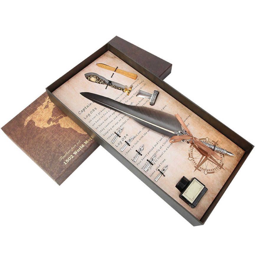 Vintage Feather Pen European Retro Stainless Steel Nibs Dip Writing Wax Set Gift with Packing Box