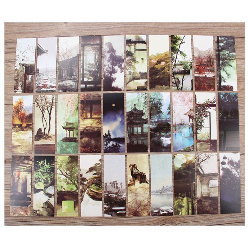 30pcs Creative Chinese Style Paper Bookmarks Painting Cards  Retro Beautiful Boxed Bookmark Commemorative Gifts