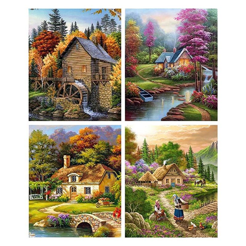 4PCS DIY 5D Diamond Painting Kits Full Drill Wall Hanging Diamond Painting Set for Rural Landscape