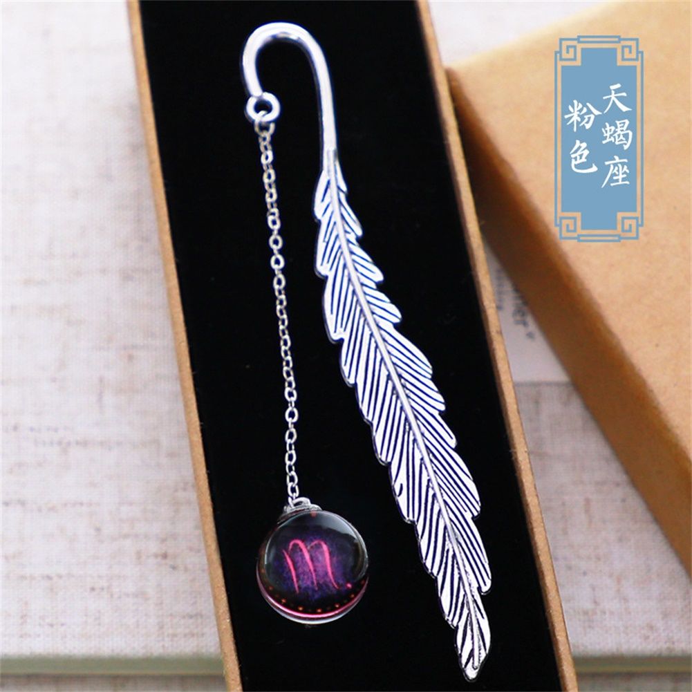 Yfashion 12 tellation Noctilucent Bookmark Pendant Metal Feather Book Mark for Student Office Stationery ift color:2 Blue aurus ift Box
