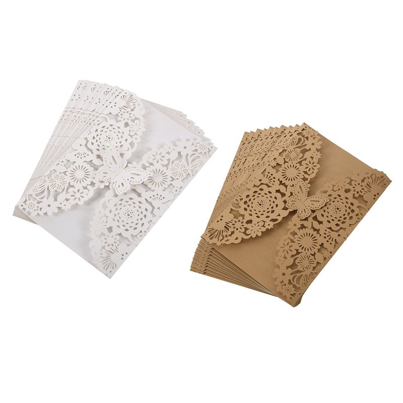 20Pcs Delicate Carved Butterflies Romantic Wedding Party Invitation Card Envelope Invitations for Wedding, 10Pcs White & 10Pcs Golden Beige