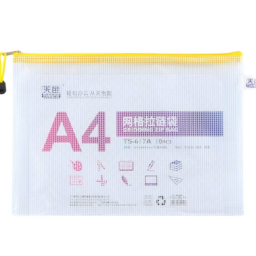 TIANSE Thickened A4 File Bag Grid Transparent Zipper Bag Waterproof PVC 10pcs - Yellow