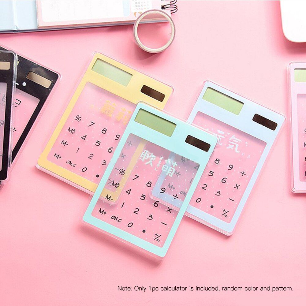 1pc Mini Calculator Cute Cartoon Ultra-thin Transparent Solar Energy Calculator Portable School Office Supplies, Random Color