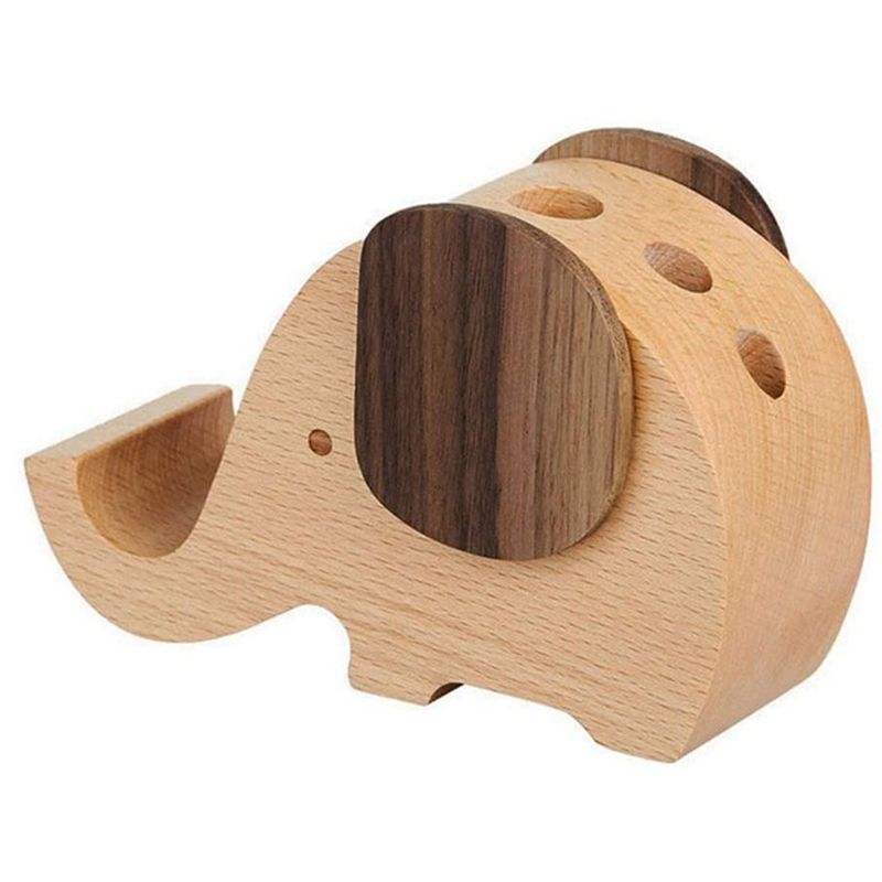 Desktop Solid Wood Elephant Pen Holder Mobile Phone Holder Natural Wood Desktop Decoration Storage and Organization