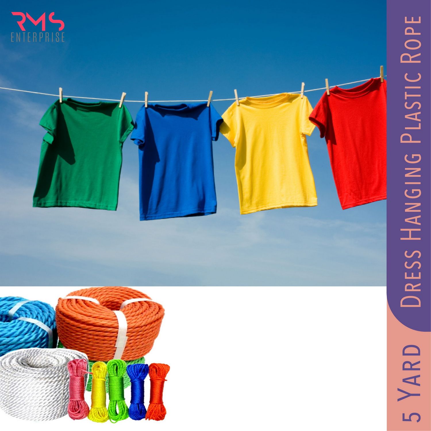 Multicolor Plastic Cloth Hanging Rope 7 mm Strong Cord- 5 Yard