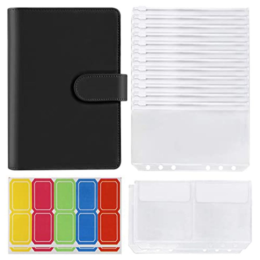14 Binder Bags A6 with Leather Binder Cover, 6 Rings Budget Binder with Cash Envelope, Money Saving Binder (Black)