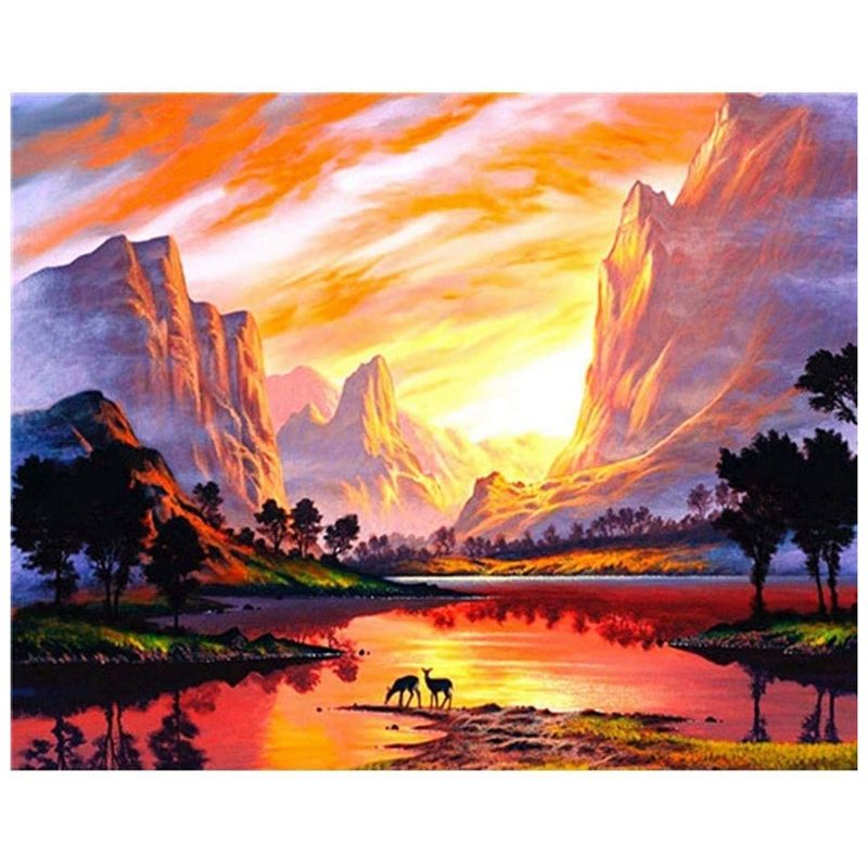 DIY Diamond Painting Kits for Adults Landscape Picture Mountain and Lake Full Square Drill Sunset Scene Crystal Art